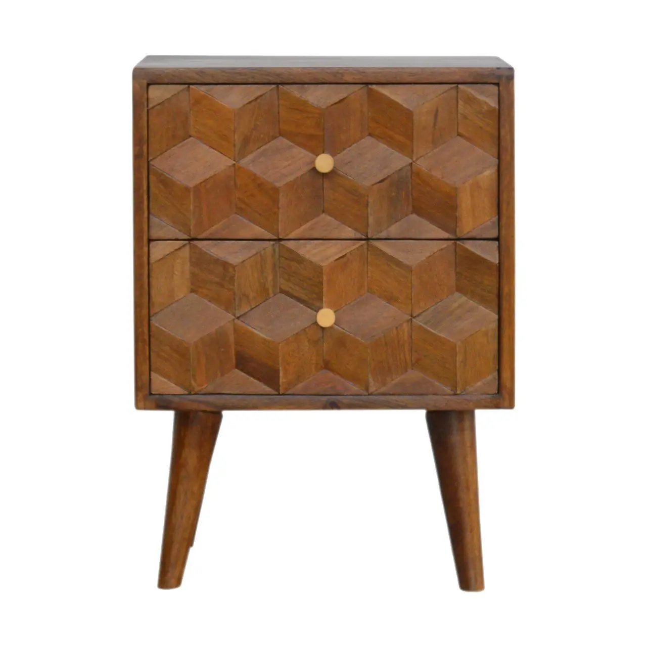 Cube Carved Bedside Table Nightstand - Chestnut by HouseOfZazla