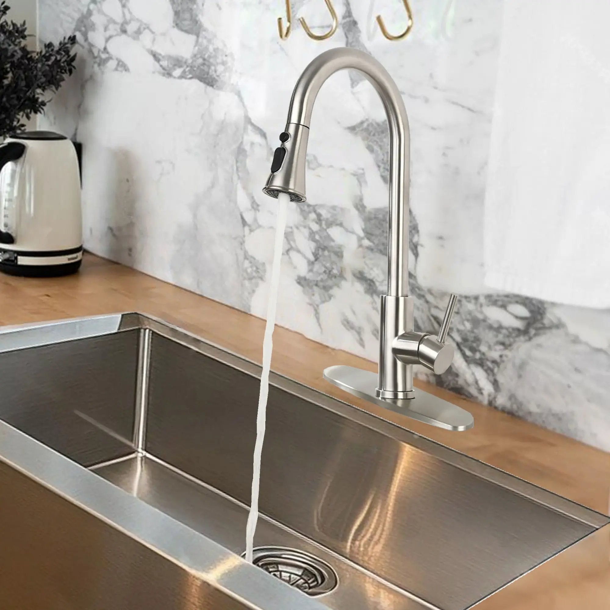 Classic High Arc Kitchen Faucet With Pull Down Sprayer, Stainless Steel - Brushed Nickel by HouseOfZazla