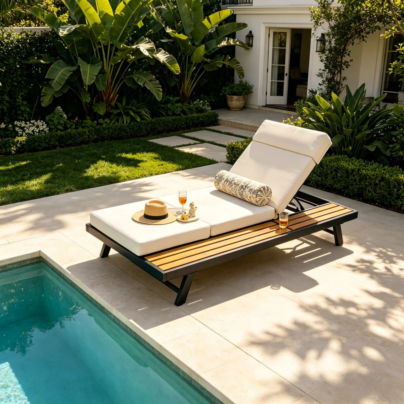 Black Iron and Teak Finish Outdoor Chaise Lounge Set by HouseOfZazla