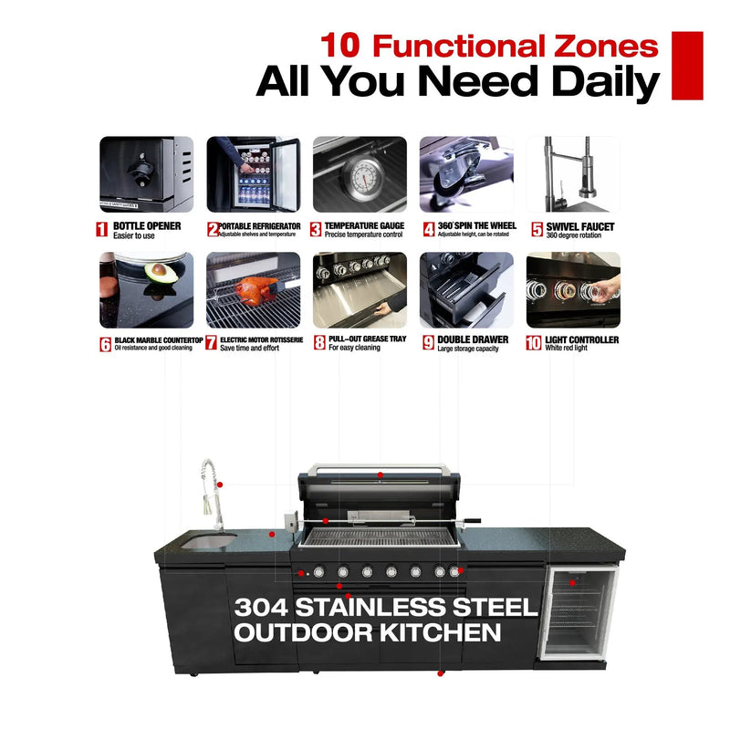 115" 6-Burner 85,000 Black Outdoor Kitchen Island Grill Rotisserie kit by Chery Industrial