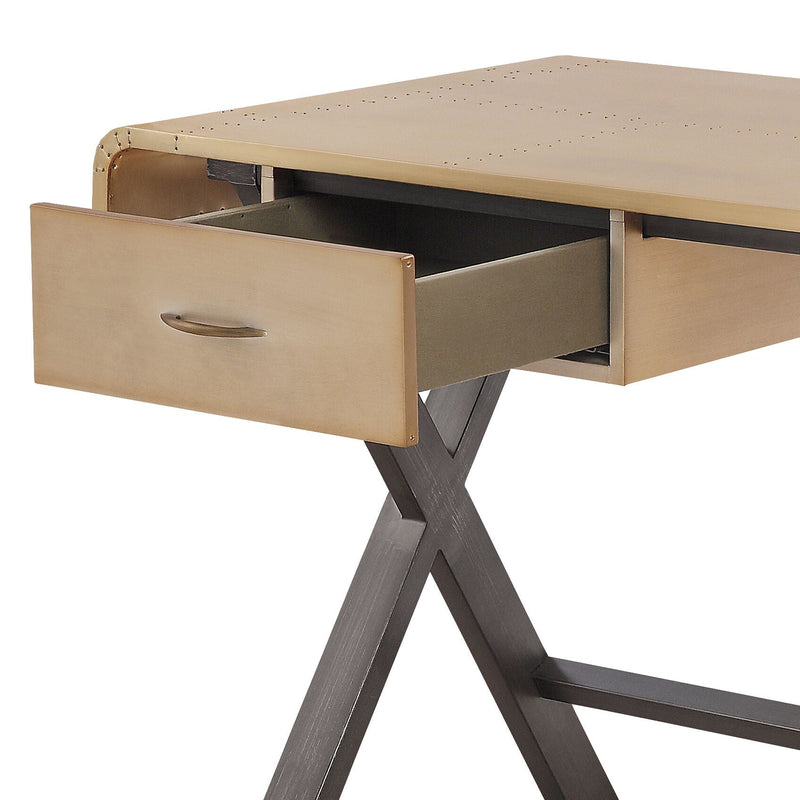 Gold Aluminum Top Grain Leather Writing Desk with Full-Extension Drawer - Gold, photo 2 of 4