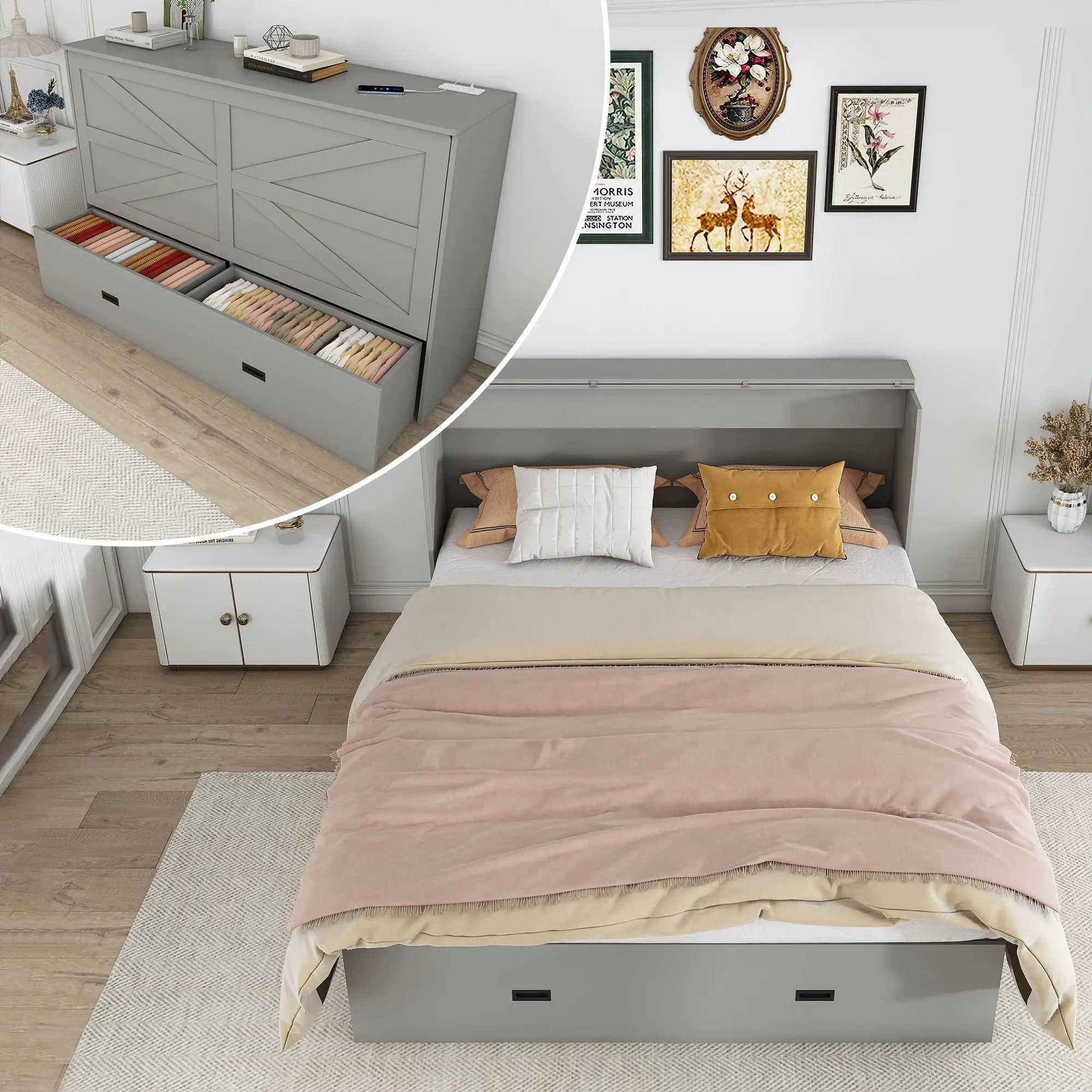Murphy Bed With Storage Drawers And Charging Cabinet, Foldable Panels, Swivel Wheels by HouseOfZazla