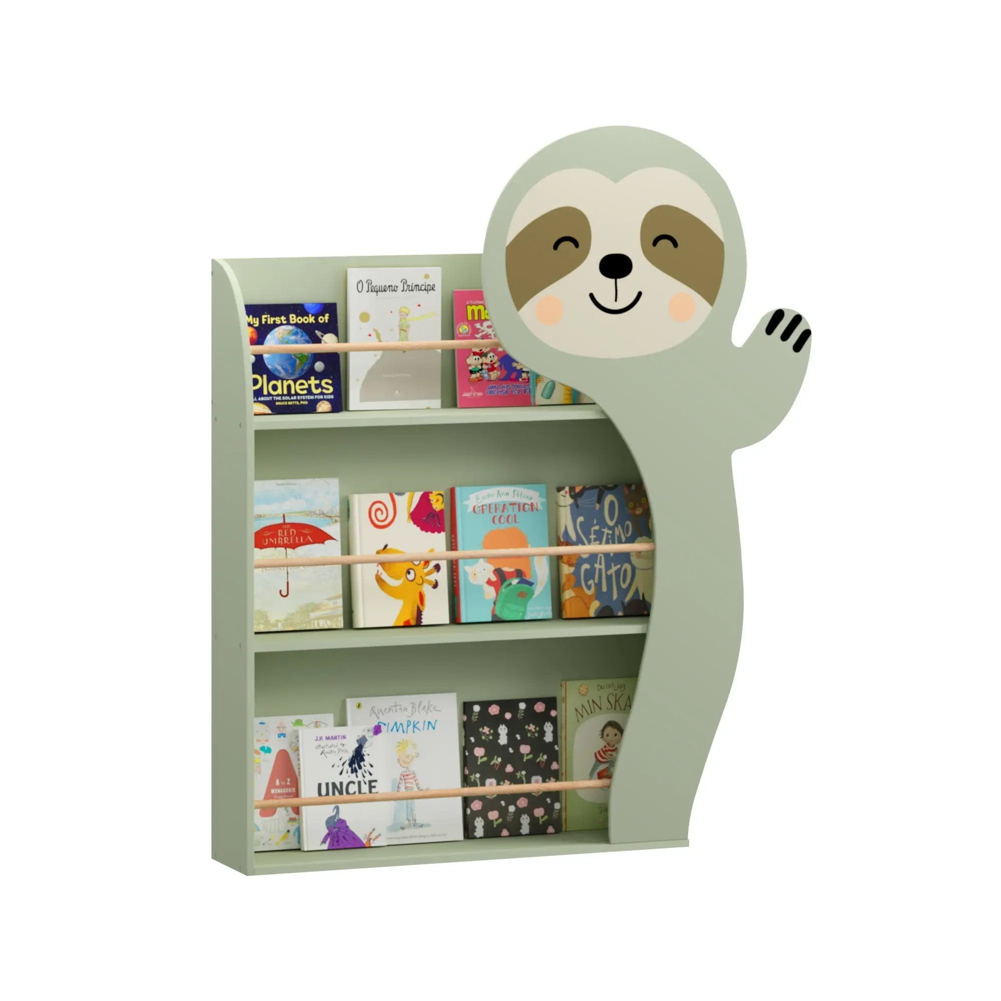 Sloth Bookshelf, Front Facing Toddler Book Display Rack With 3 Tiers, Cute Animal Design - Sage Green by Unique Piece Furniture