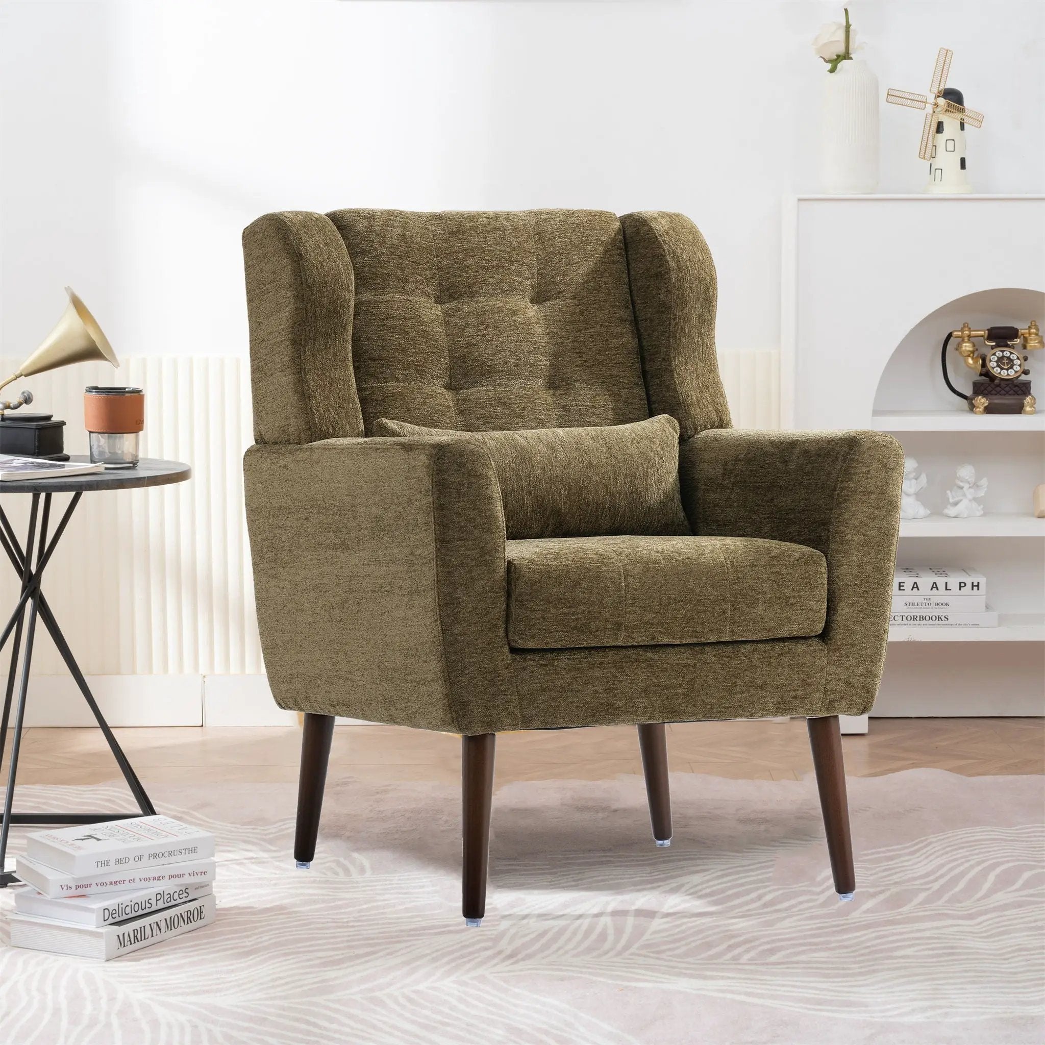 Modern Accent Chair, Arm Chairs For Living Room, Upholstered Mordern Armchair, Comfy Soft Padded Lounge Chair In Small Space, Bedroom, With Pillow, Solid Wood Leg by Unique Piece Furniture
