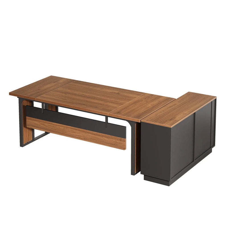 L-Shaped Executive Desk With File Cabinet, Office Computer Desk With Drawers & Open Shelves, Workstation For Home Office - Brown / Black by HouseOfZazla