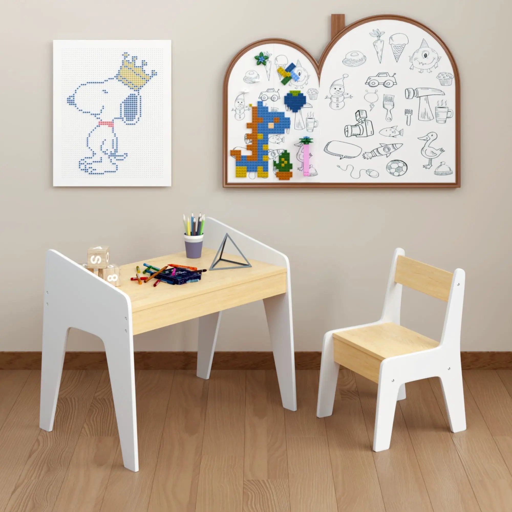 Table Set With 1 Chair, Children Study Table For Ages 2 - 8 - White by HouseOfZazla