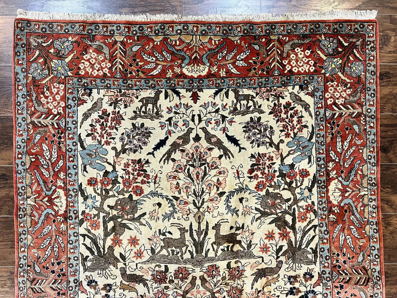 Persian Tree of Life 5x7, Qum Rug, Animal Motifs, Deer Birds, Fine 225 KPSI, Semi Antique Wool Rug, Cream Red by Jewel Rugs