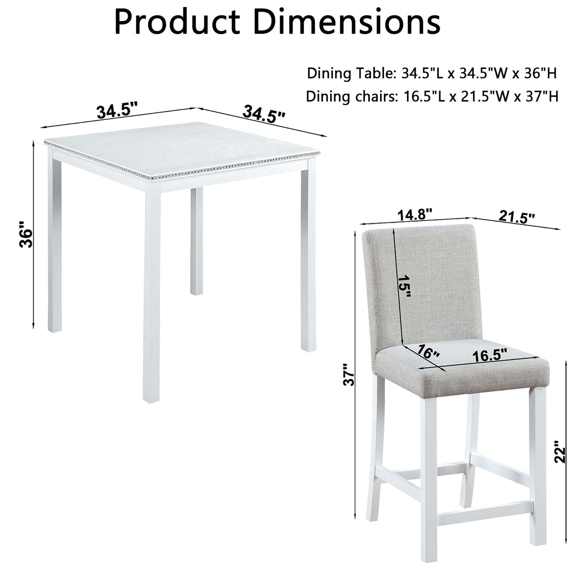 Counter Height 5 Piece Dining Table Set with Upholstered Chairs - Gray, White, Dark Gray, photo 6 of 12
