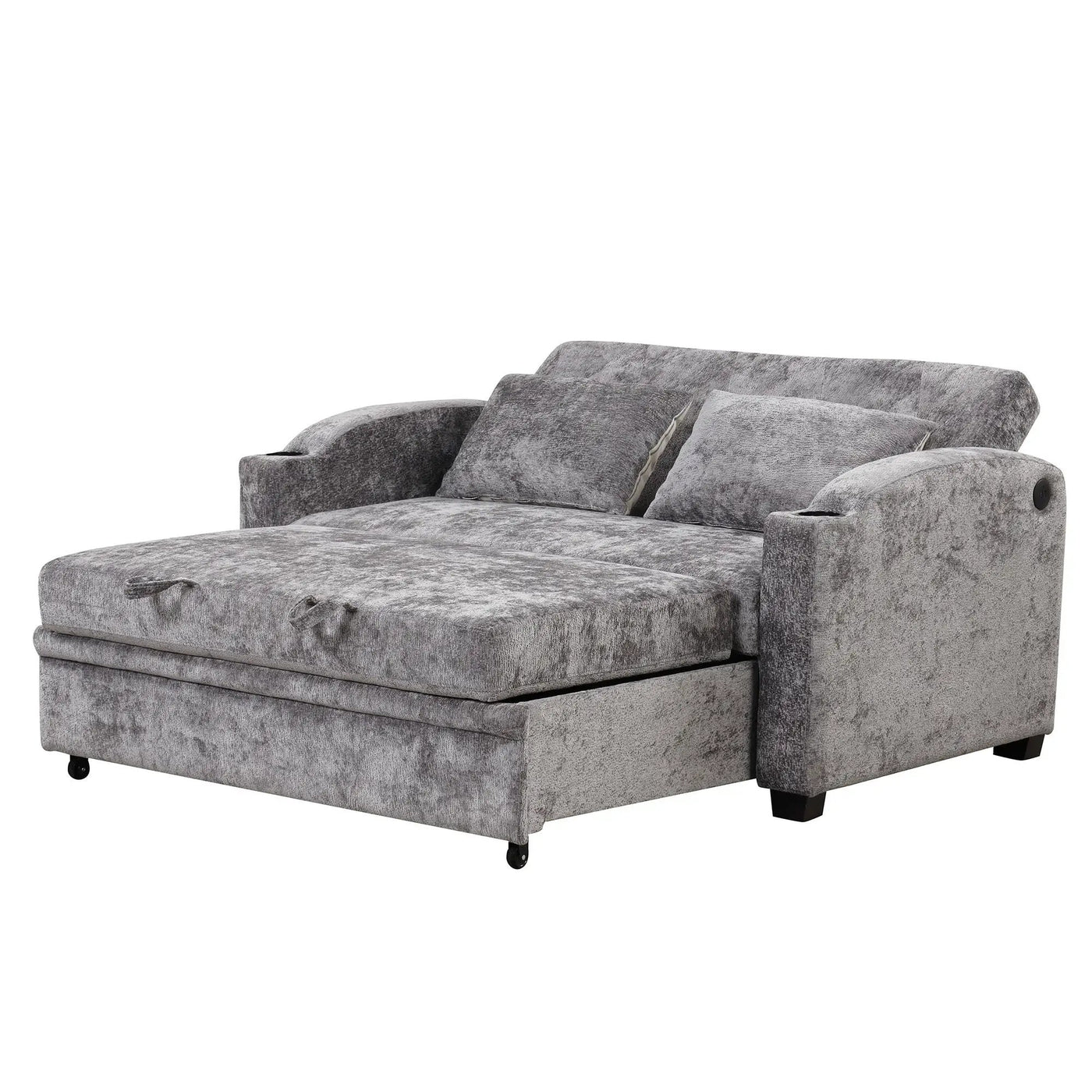 Pull Out Loveseat Sofa With Adjsutable Backrest, 2 Pillows, Cup Holders, USB Ports For Living Room by HouseOfZazla