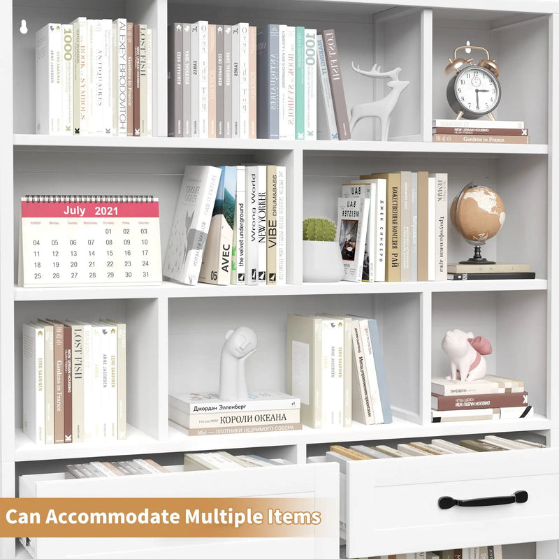 Bookcase Tall With 2 Doors & 2 Drawers, Fixed Open Shelves - White by HouseOfZazla