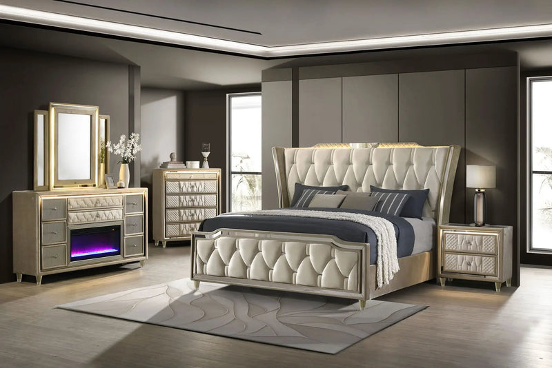 Lorient Eastern King LED Upholstered Bed Ivory and Camel by Unique Piece Furniture