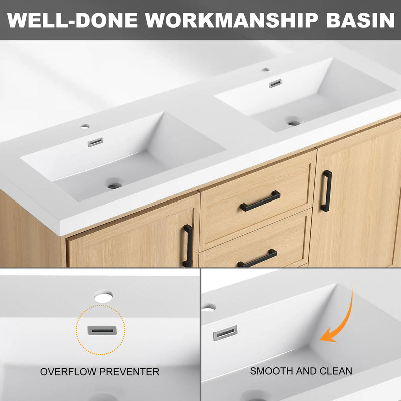 Original 60" Freestanding Bathroom Vanity With Double Resin Sink Plywood Soft Closing Doors & Drawers - Oak by Unique Piece Furniture