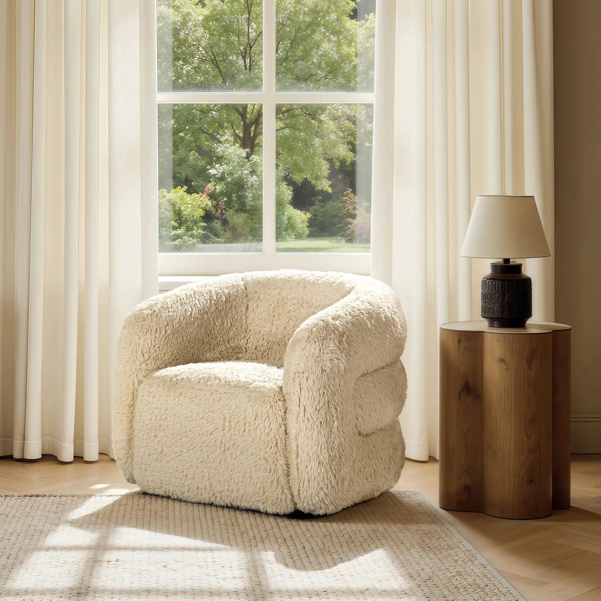 Colt - Fur Swivel Upholstered Barrel Accent Arm Chair - Cream Beige by Unique Piece Furniture