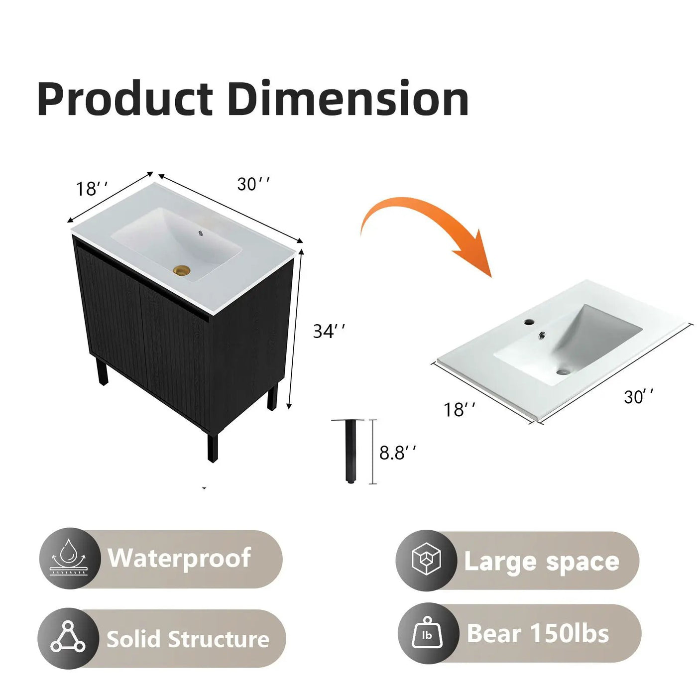 Bathroom Vanity With Ceramic Sink, Floor-Standing Design, Soft-Closing Drawers by HouseOfZazla