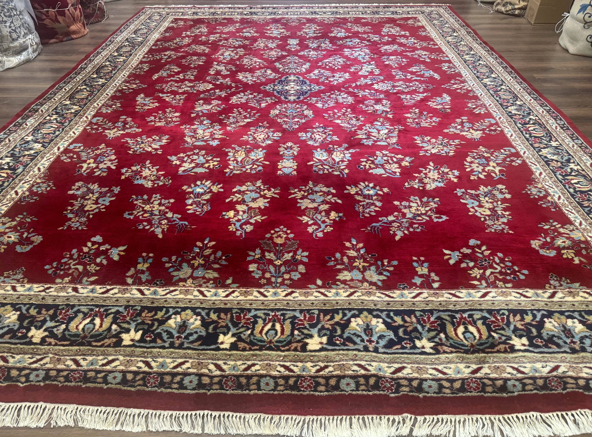 Indo Persian Sarouk Rug 10x14, Large Red and Navy Blue Carpet, Traditional Floral Wool Rug by Jewel Rugs