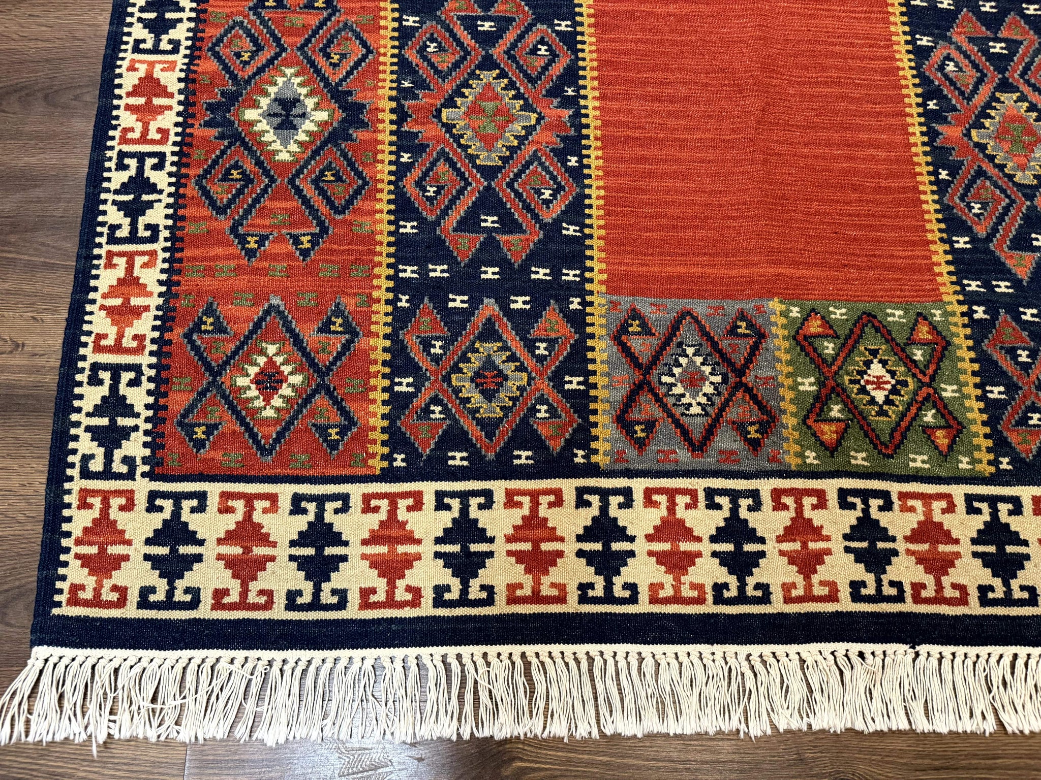 Turkish Kilim Rug 5x8, Flatweave Carpet, Handmade Bohemian Rug, Terracotta and Navy Blue by Jewel Rugs
