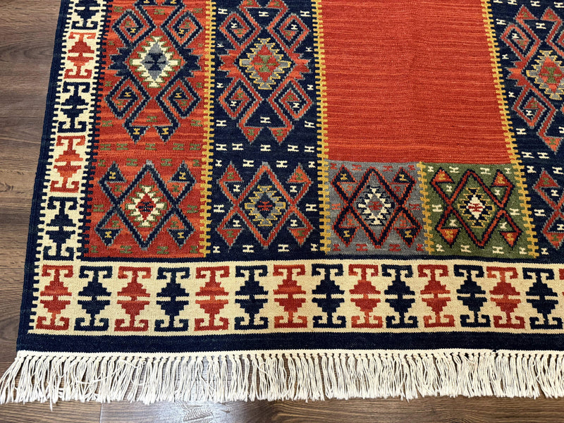 Turkish Kilim Rug 5x8, Flatweave Carpet, Handmade Bohemian Rug, Terracotta and Navy Blue by Jewel Rugs