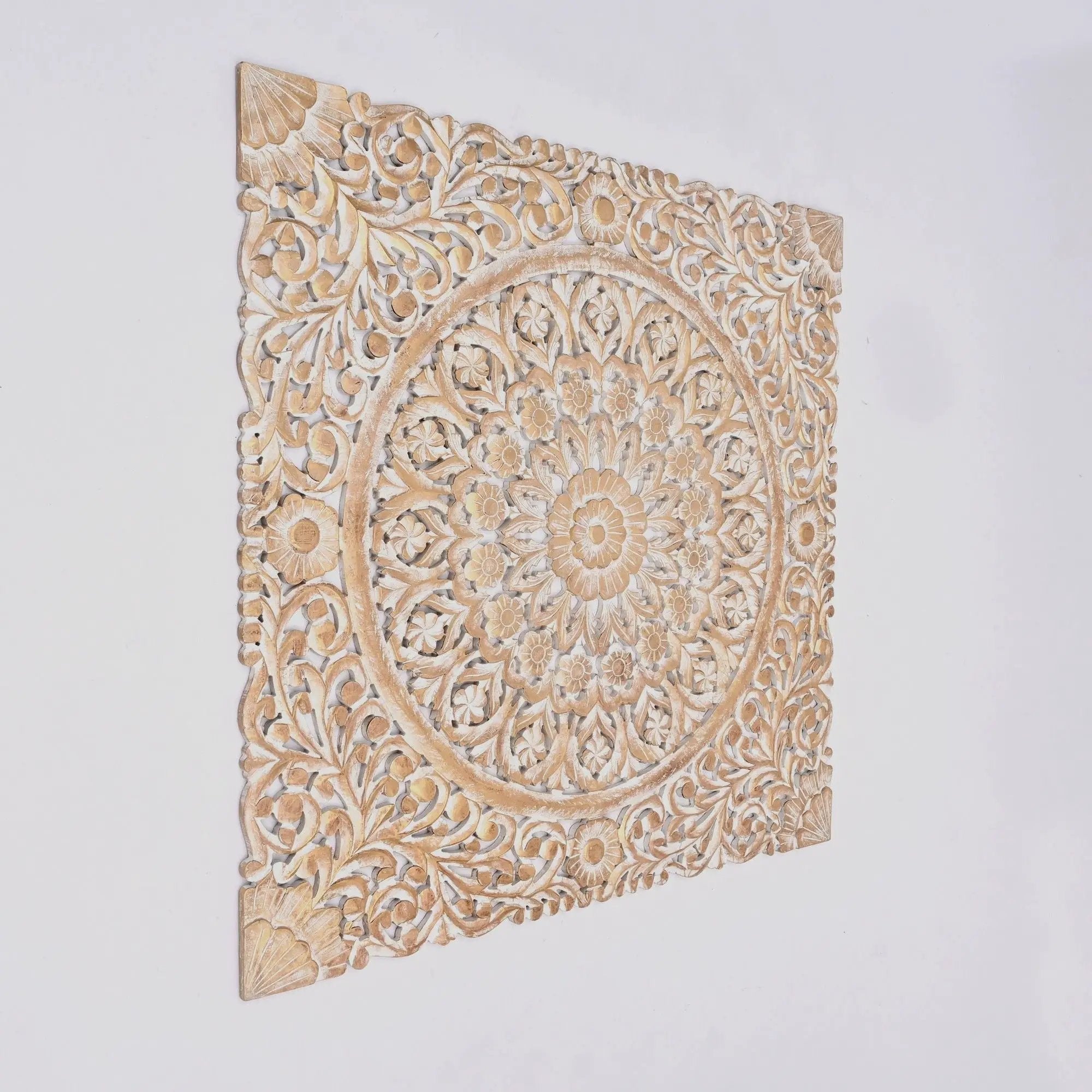 Floral Hand Carved Mandala Square Wall Decor With Spiritual Symbolism - Gold / White by Unique Piece Furniture