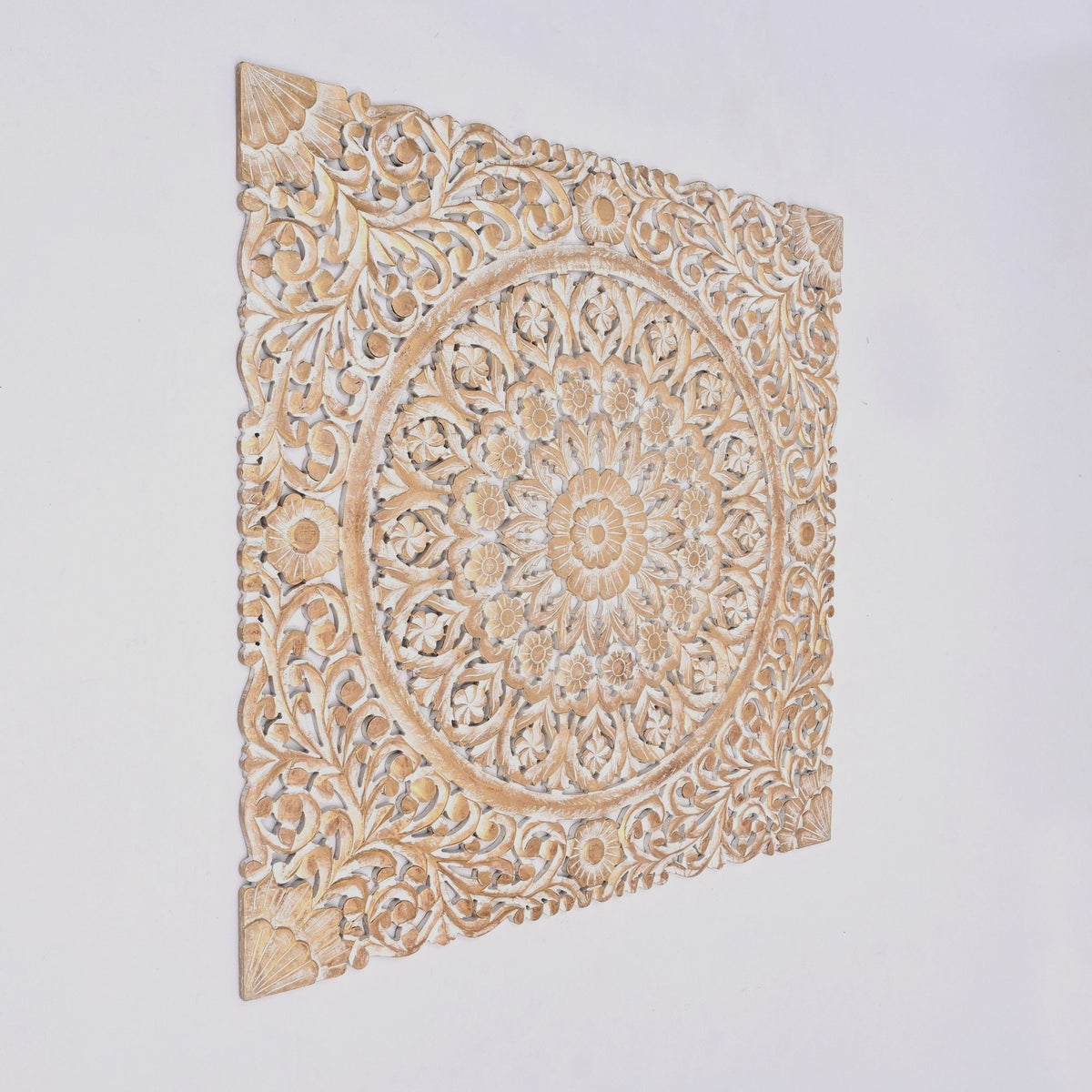 Floral Hand Carved Mandala Square Wall Decor with Spiritual Symbolism - Gold / White, photo 2 of 6