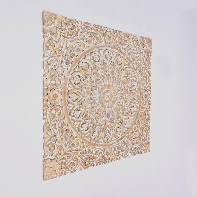 Floral Hand Carved Mandala Square Wall Decor with Spiritual Symbolism - Gold / White, photo 2 of 6