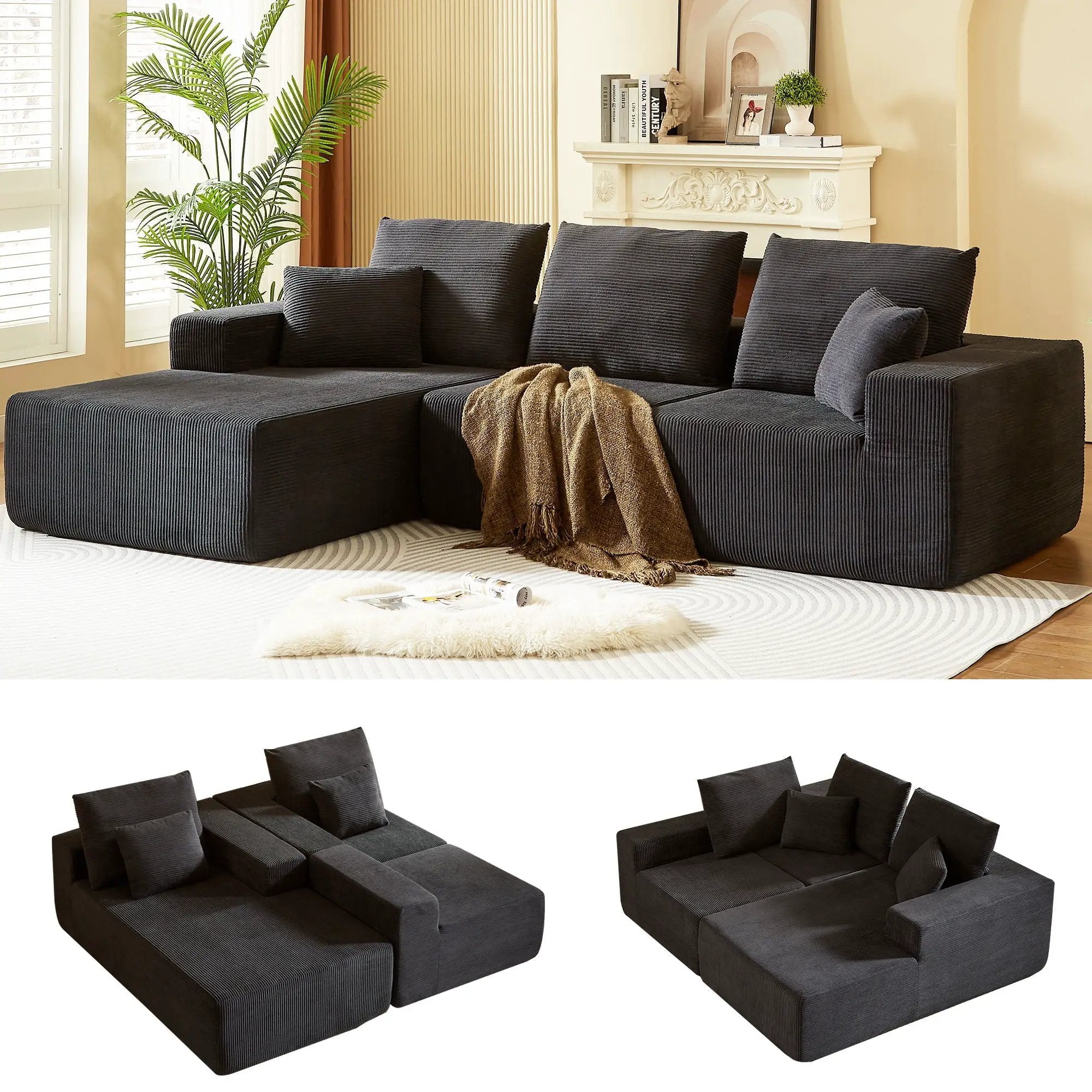 Modular Sectional Sofa With Chaise, L Shaped Cloud Couch With Deep Seat, Sectional Couches For Living Room - Black by Unique Piece Furniture