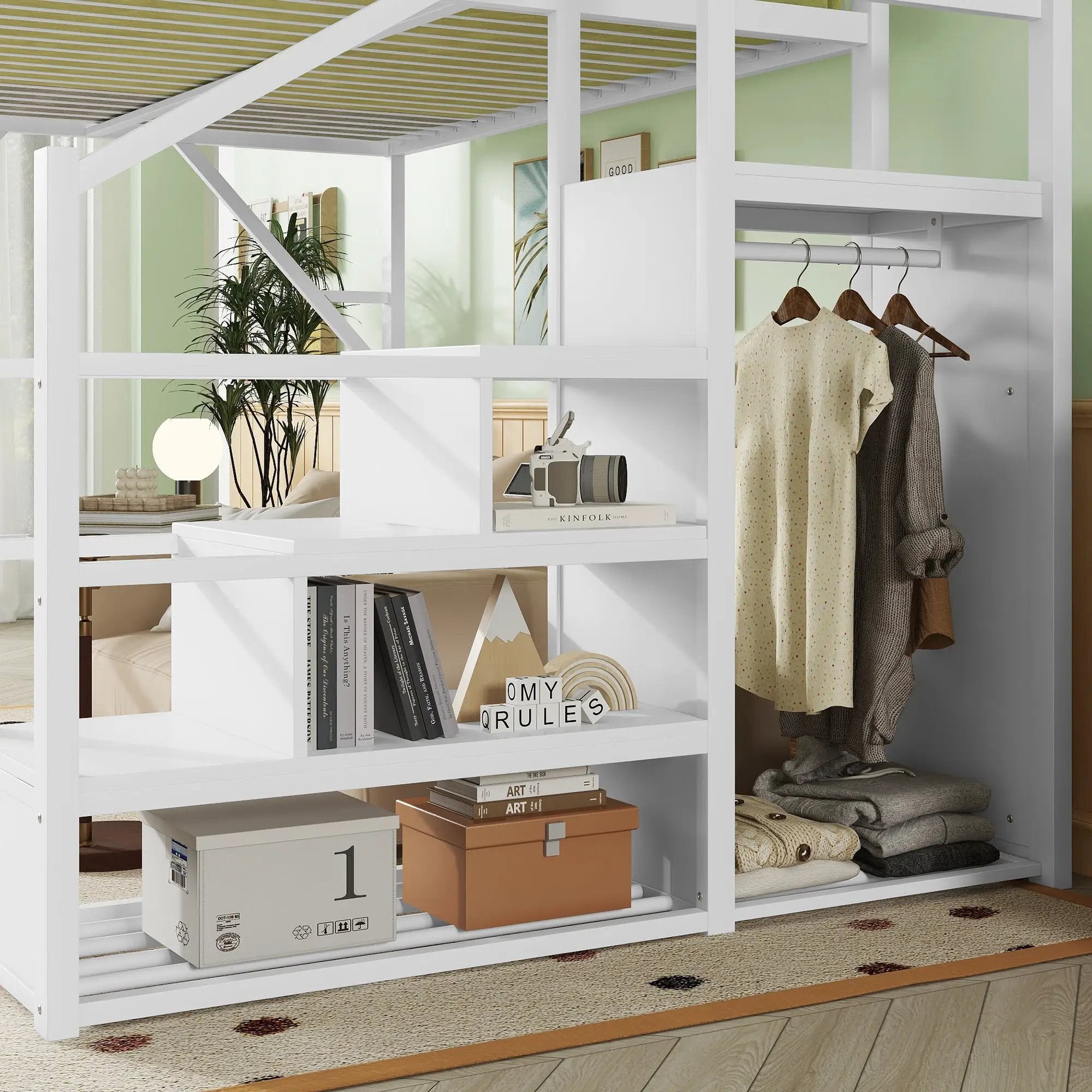 Queen Size Loft Bed with Stairs, Metal Queen Loft Bed with Storage Shelves by HouseOfZazla