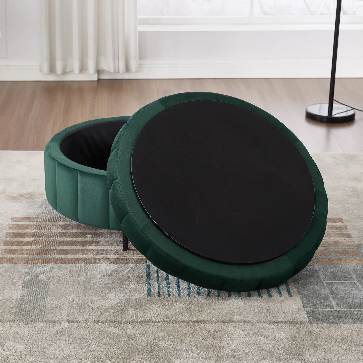 Upholstered Round Ottoman With Reversible Lid, Channel Tufted Pumpkin Shape by Unique Piece Furniture