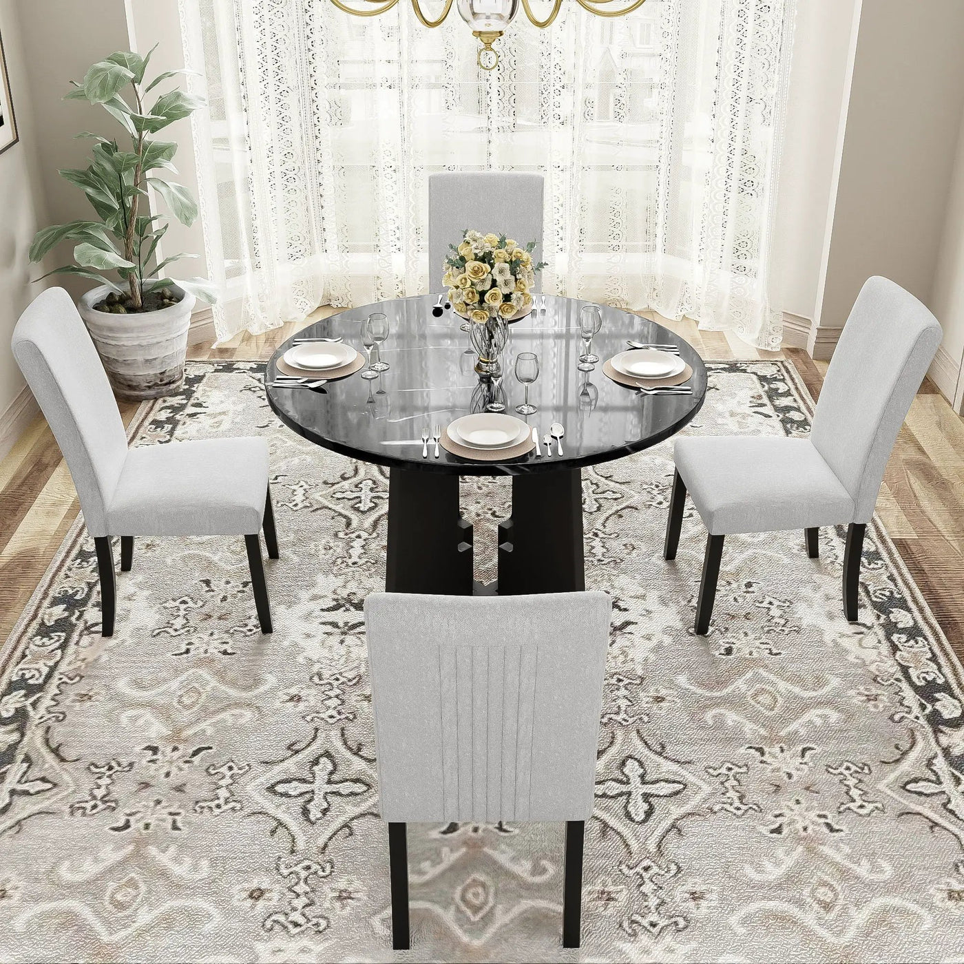 5 Piece Round Dining Table Set, Modern Dining Table And 4 Upholstered Chairs For Dining Room by HouseOfZazla