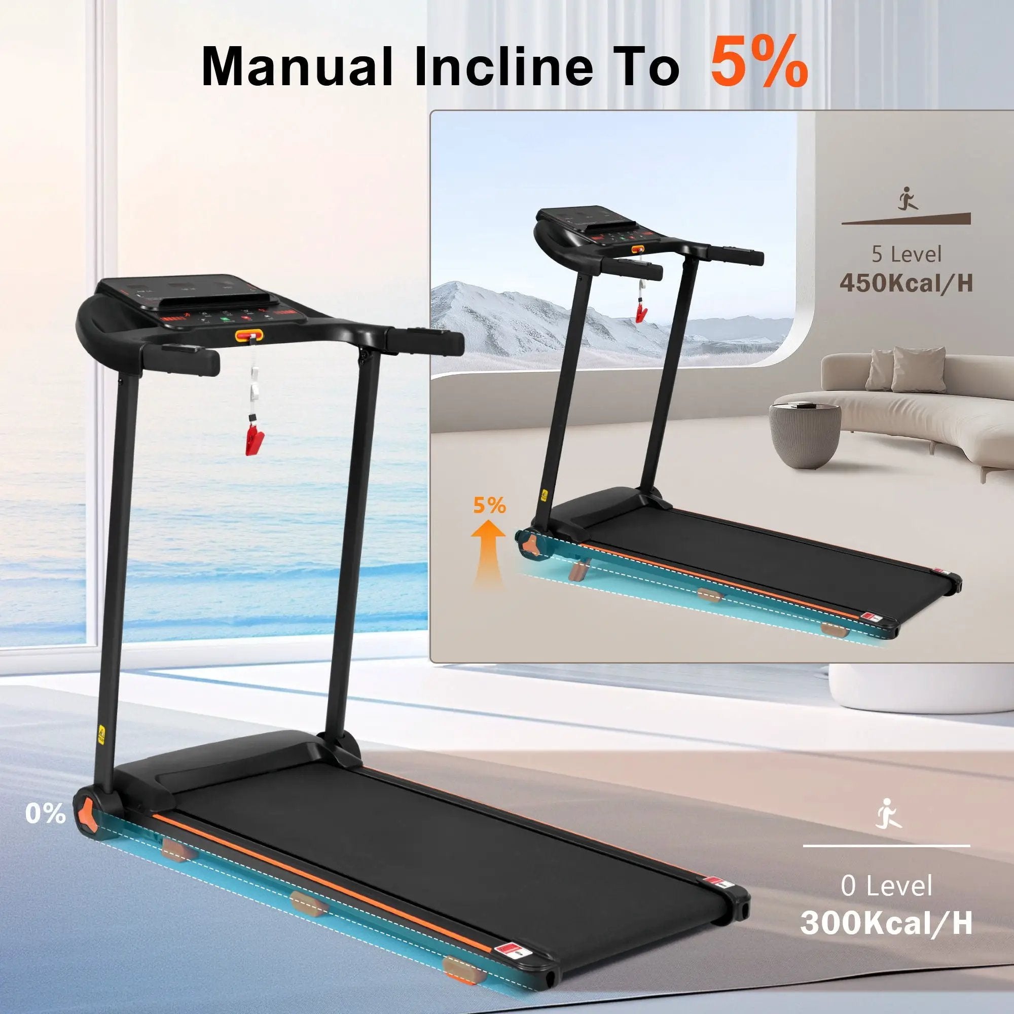 2.5Hp Quiet Folding Treadmill With Heart Rate Sensor, 300Lbs Weight Capacity, With USB Charge Station For Android & Bluetooth Speaker, 6 Shock Absorbing - Black by HouseOfZazla
