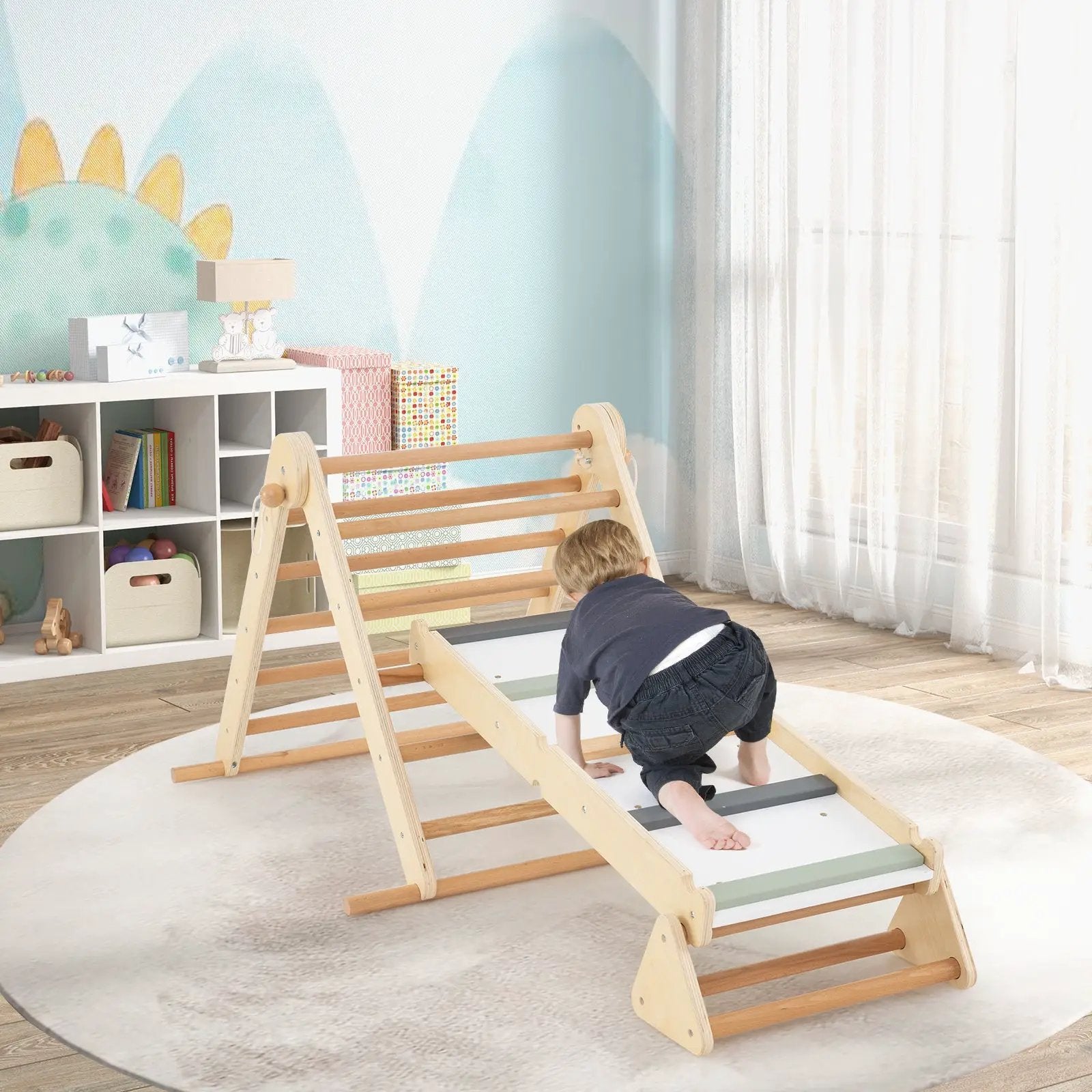 3-in-1 Pikler Triangle Climbing Set Kids Foldable Montessori Toys with Ramp-Natural by DirectDeals