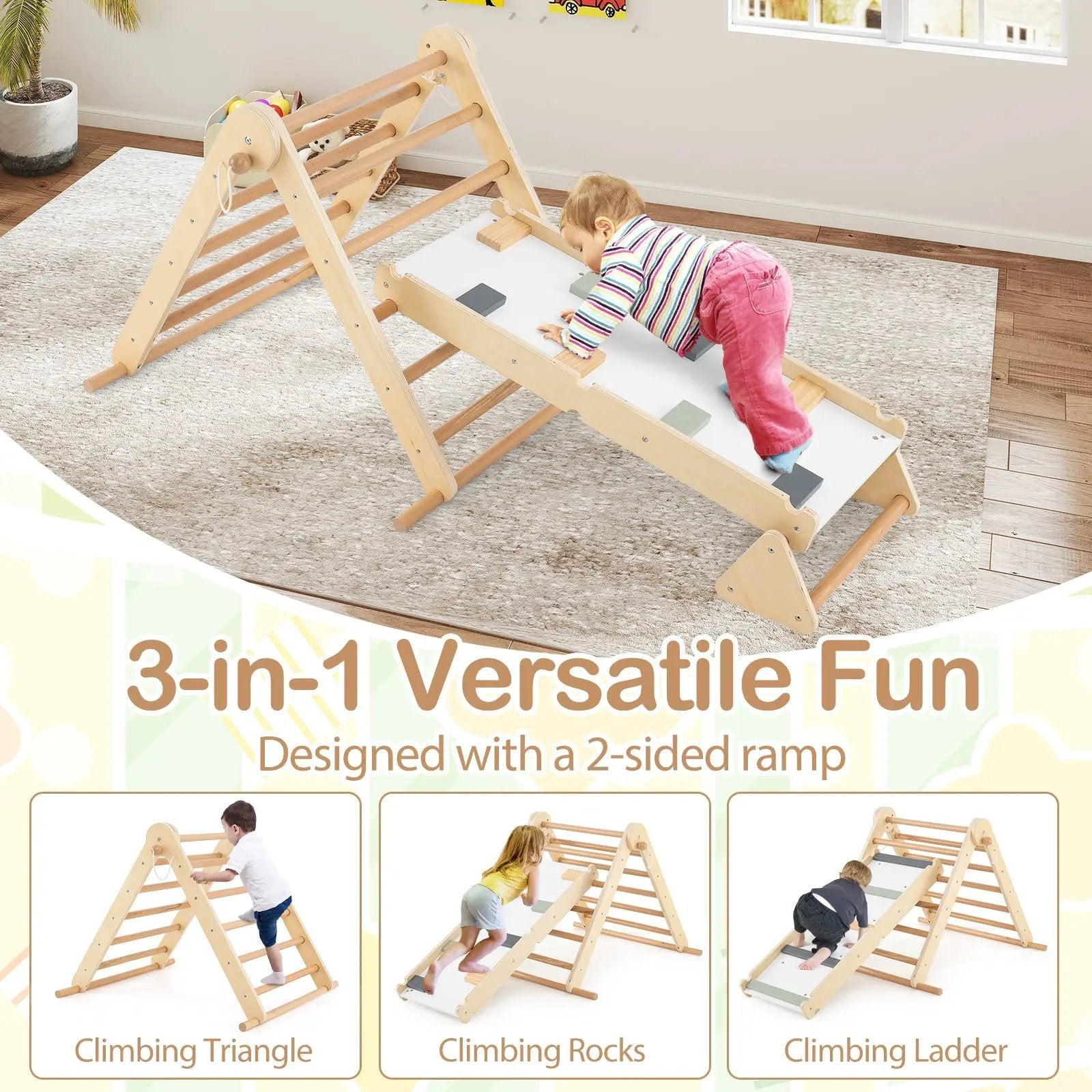 3-in-1 Pikler Triangle Climbing Set Kids Foldable Montessori Toys with Ramp-Natural by DirectDeals