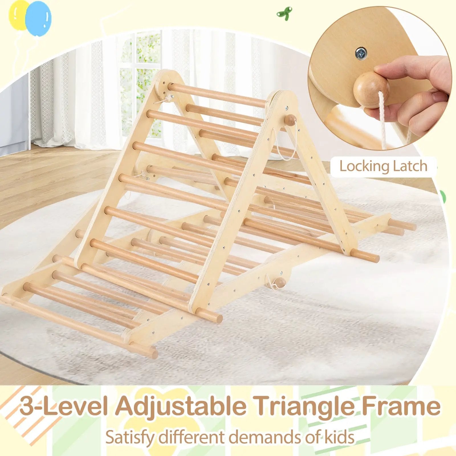 3-in-1 Pikler Triangle Climbing Set Kids Foldable Montessori Toys with Ramp-Natural by DirectDeals