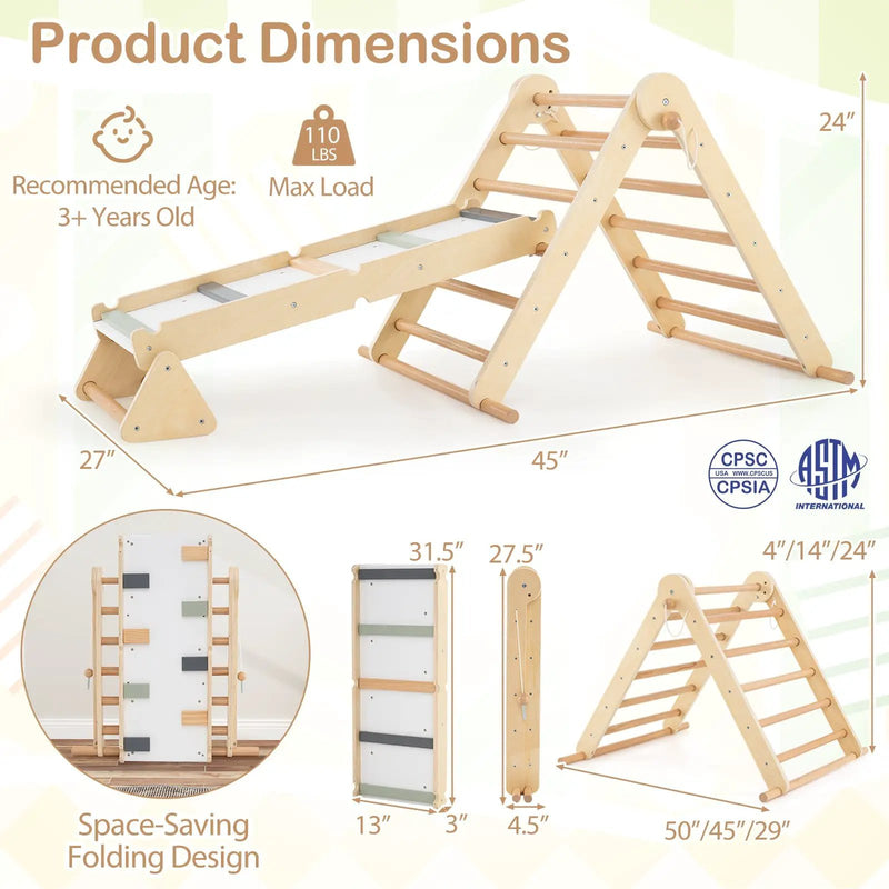 3-in-1 Pikler Triangle Climbing Set Kids Foldable Montessori Toys with Ramp-Natural by DirectDeals