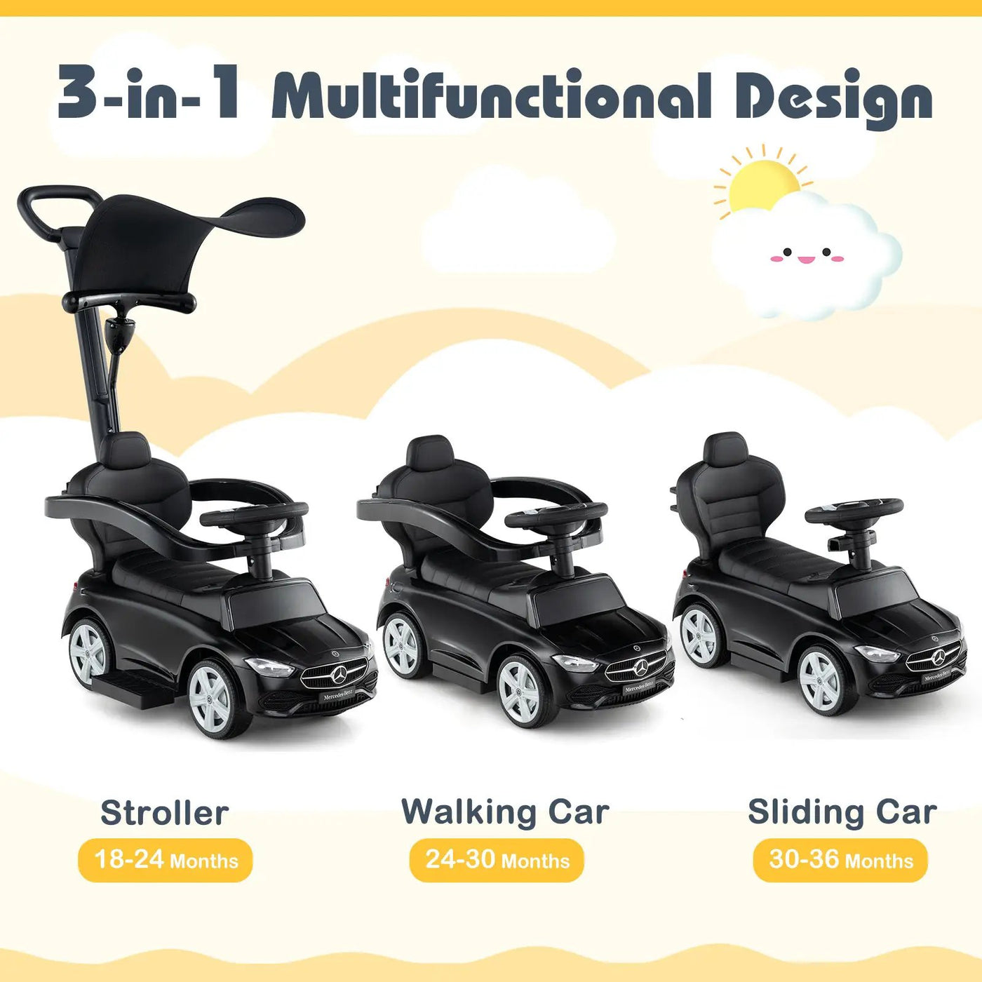 3-in-1 Ride on Push Car Mercedes-Benz Licensed Sliding Car with Canopy by DirectDeals