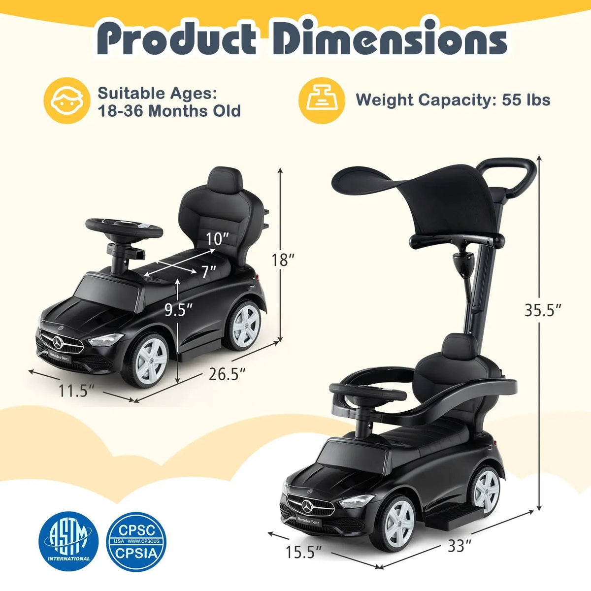 3-in-1 Ride on Push Car Mercedes-Benz Licensed Sliding Car with Canopy by DirectDeals