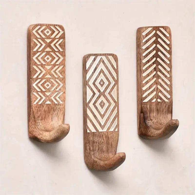 3pcs Boho Wooden Wall Hooks Set, Rust Resistant, Easy Install Adhesive, Perfect for Bathroom & Home Decor, Convenient Hanging for Clothes, Hats, Towels, Utility Hooks by House Of Avana