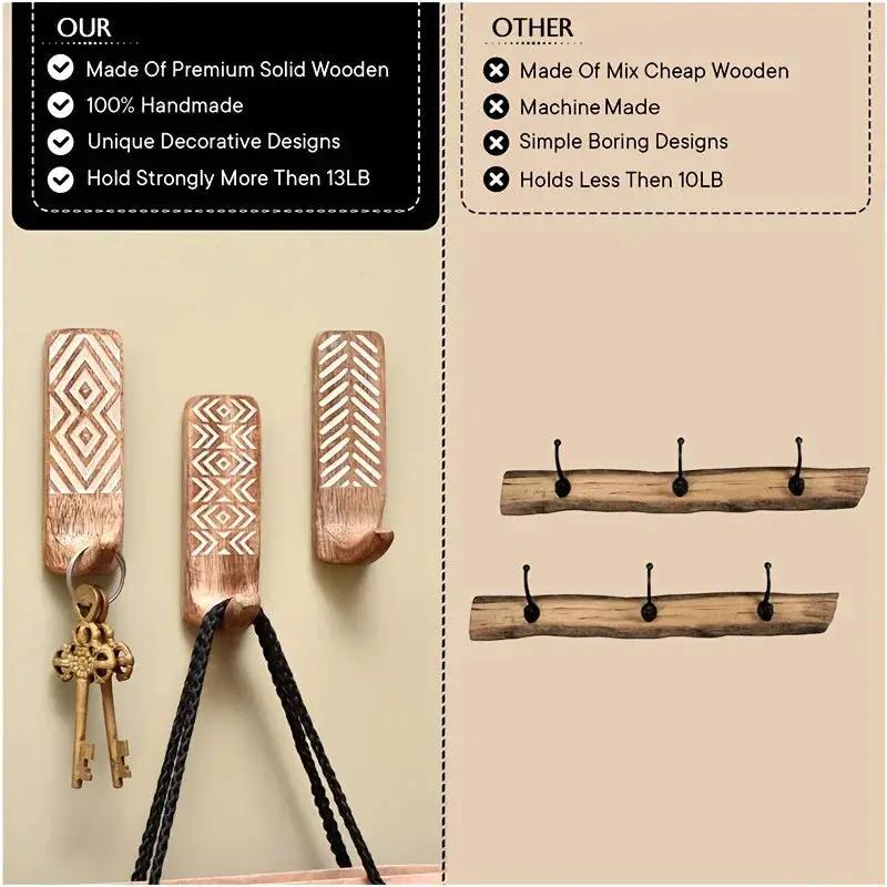 3pcs Boho Wooden Wall Hooks Set, Rust Resistant, Easy Install Adhesive, Perfect for Bathroom & Home Decor, Convenient Hanging for Clothes, Hats, Towels, Utility Hooks by House Of Avana