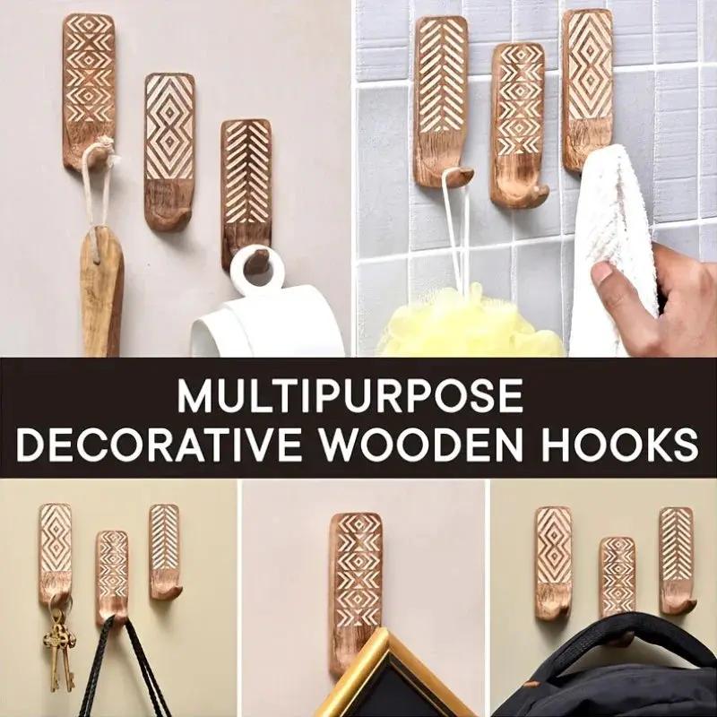 3pcs Boho Wooden Wall Hooks Set, Rust Resistant, Easy Install Adhesive, Perfect for Bathroom & Home Decor, Convenient Hanging for Clothes, Hats, Towels, Utility Hooks by House Of Avana