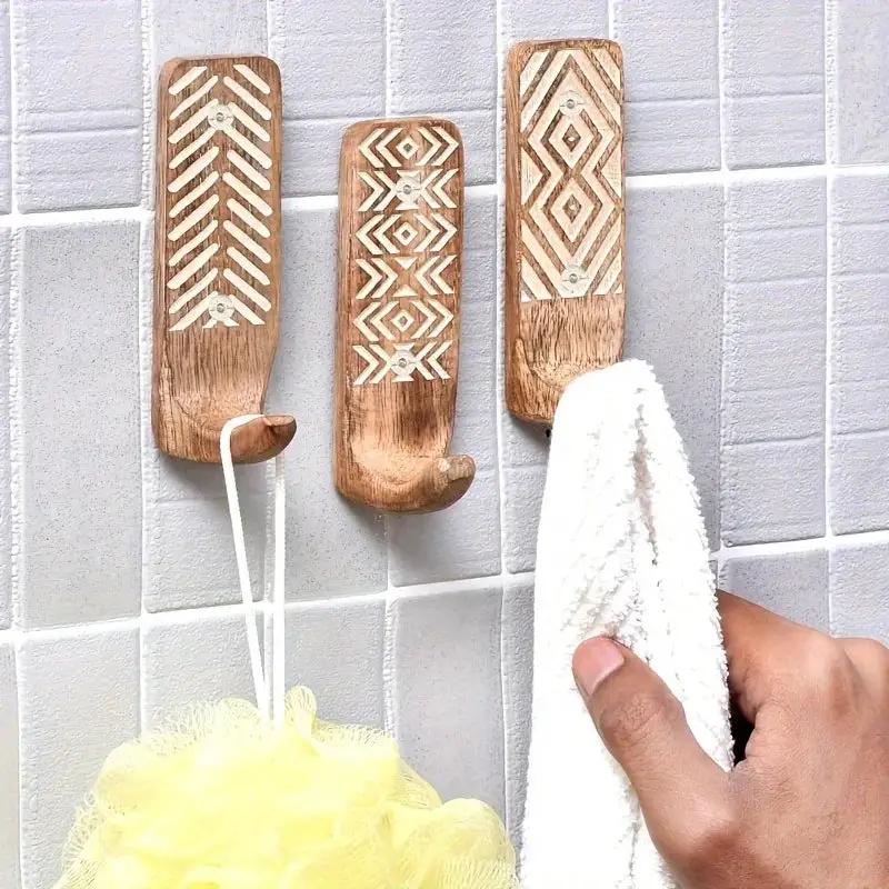 3pcs Boho Wooden Wall Hooks Set, Rust Resistant, Easy Install Adhesive, Perfect for Bathroom & Home Decor, Convenient Hanging for Clothes, Hats, Towels, Utility Hooks by House Of Avana