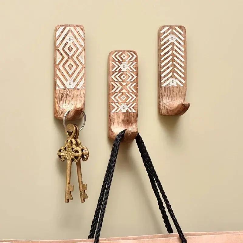 3pcs Boho Wooden Wall Hooks Set, Rust Resistant, Easy Install Adhesive, Perfect for Bathroom & Home Decor, Convenient Hanging for Clothes, Hats, Towels, Utility Hooks by House Of Avana