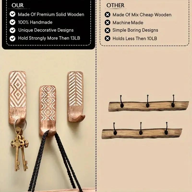 3pcs Boho Wooden Wall Hooks Set, Rust Resistant, Easy Install Adhesive, Perfect for Bathroom & Home Decor, Convenient Hanging for Clothes, Hats, Towels, Utility Hooks by House Of Avana
