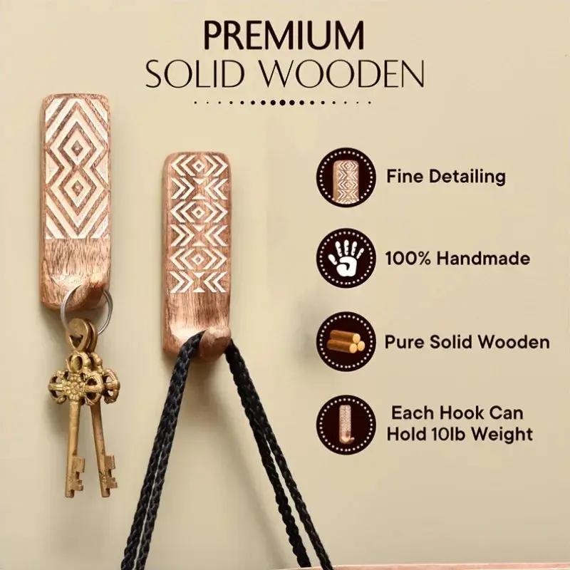 3pcs Boho Wooden Wall Hooks Set, Rust Resistant, Easy Install Adhesive, Perfect for Bathroom & Home Decor, Convenient Hanging for Clothes, Hats, Towels, Utility Hooks by House Of Avana