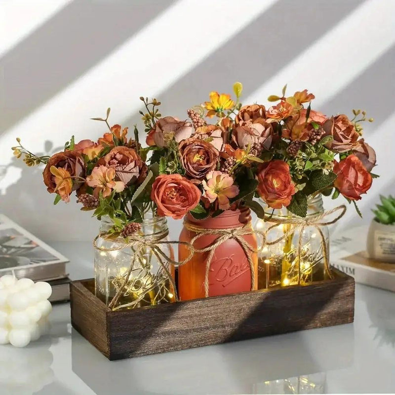 3pcs Mason Jar Centerpiece Table Decorations for Dining Table Decor Farmhouse Coffee Table Decor with Wood Tray and Led Light Table Centerpieces for Dining Room Kitchen Living Bathroom, Pink by House Of Avana