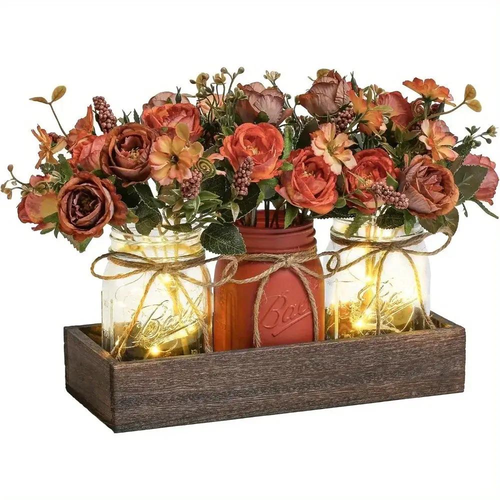 3pcs Mason Jar Centerpiece Table Decorations for Dining Table Decor Farmhouse Coffee Table Decor with Wood Tray and Led Light Table Centerpieces for Dining Room Kitchen Living Bathroom, Pink by House Of Avana