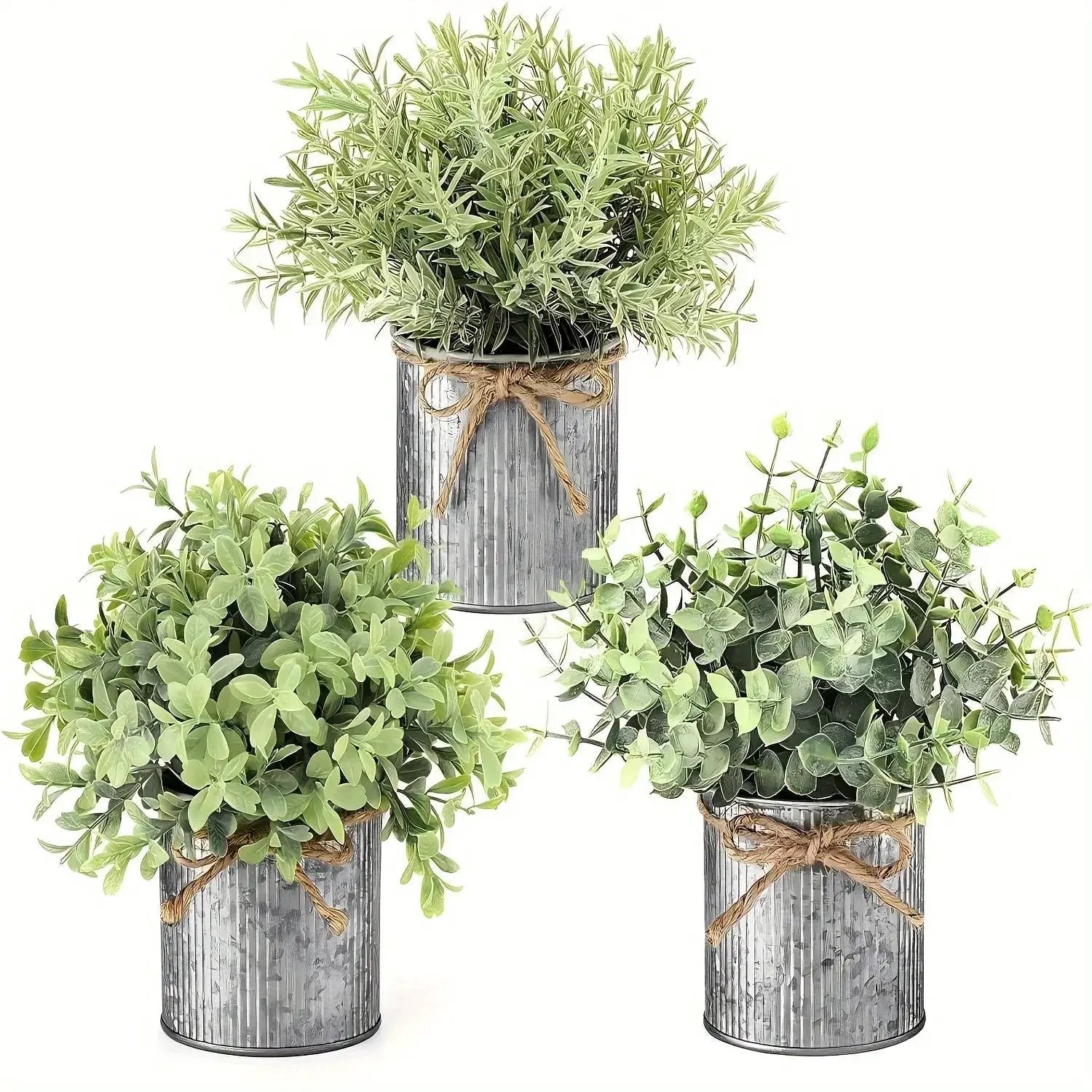 3pcs potted artificial eucalyptus tree, galvanized flower pot desktop center decoration suitable for shelves, offices, rural home decoration by House Of Avana