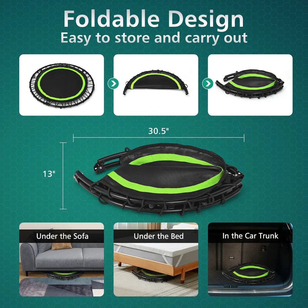 40 Inch Foldable Fitness Rebounder with Resistance Bands Adjustable Home by DirectDeals