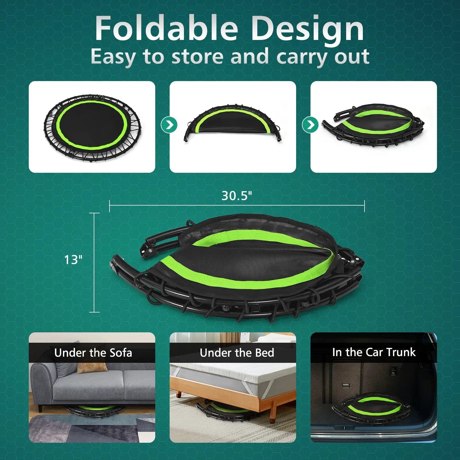 40 Inch Foldable Fitness Rebounder with Resistance Bands Adjustable Home by DirectDeals