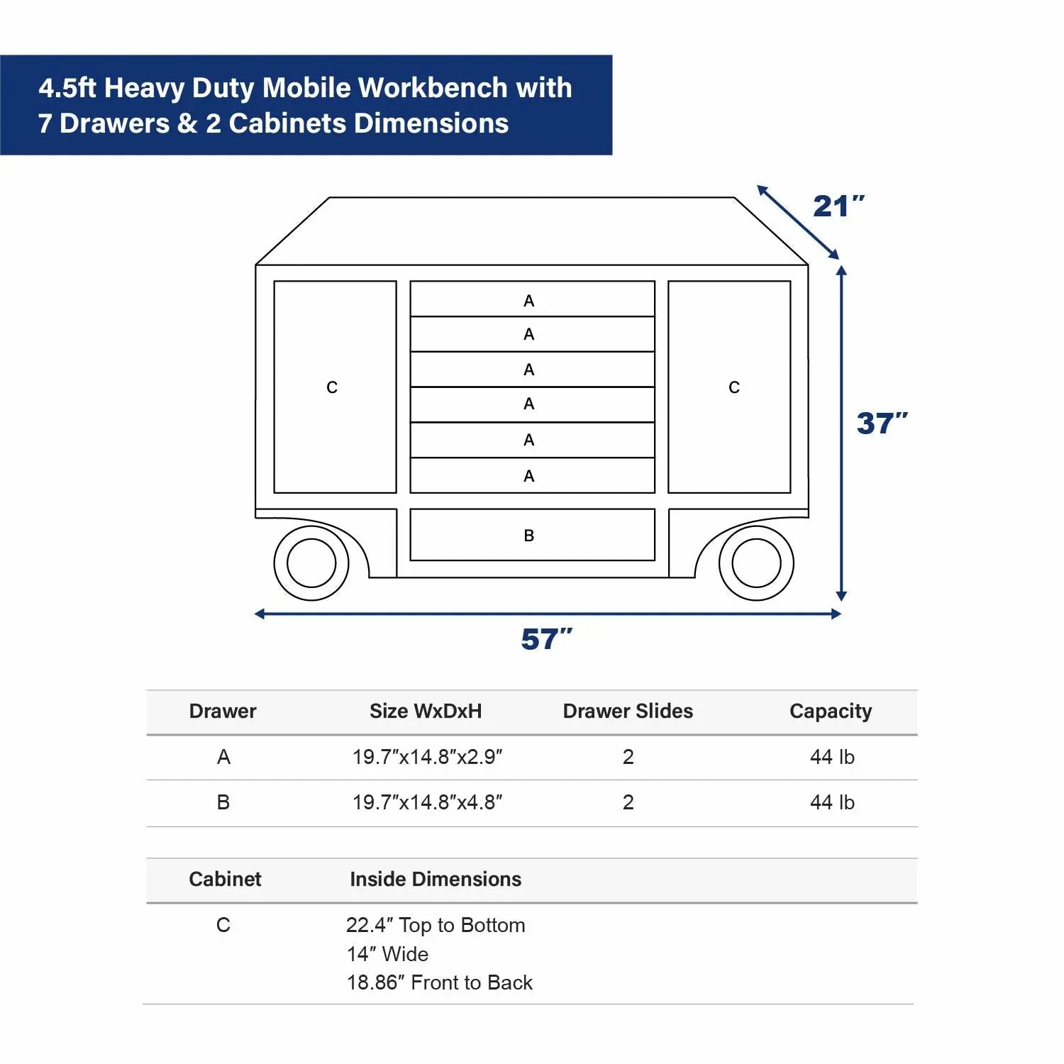 4.5ft Heavy Duty Mobile Workbench with 7 Drawers & 2 Cabinets by Chery Industrial