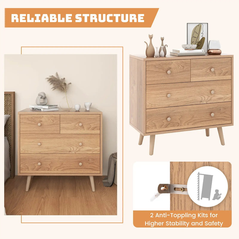 4-Drawer Dresser Cabinet Storage Organizer Rubber Leg with Rail-Natural by DirectDeals