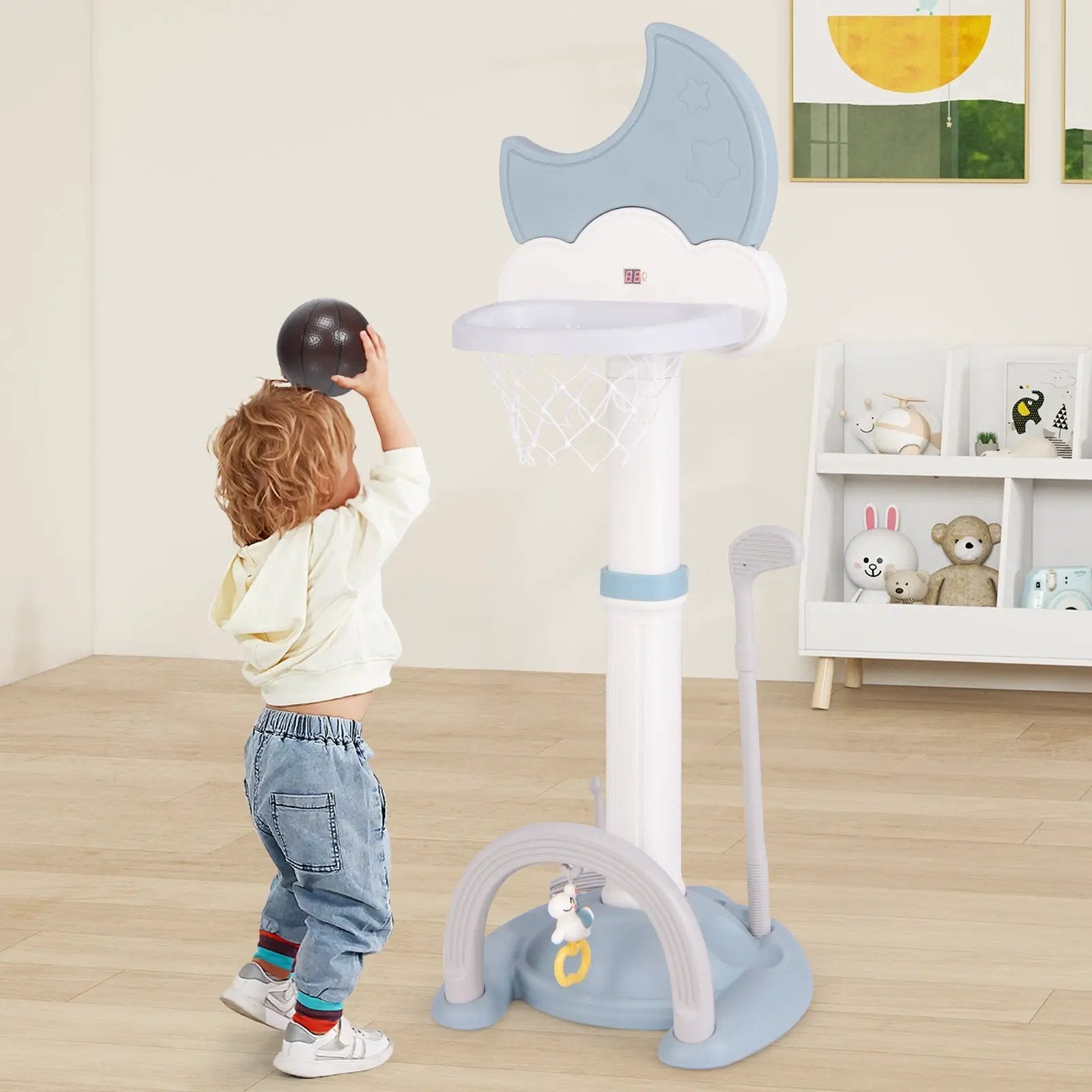 4-In-1 Kids Basketball Hoop with Moon-shaped Electronic Scoreboard and Play Set-Blue by DirectDeals
